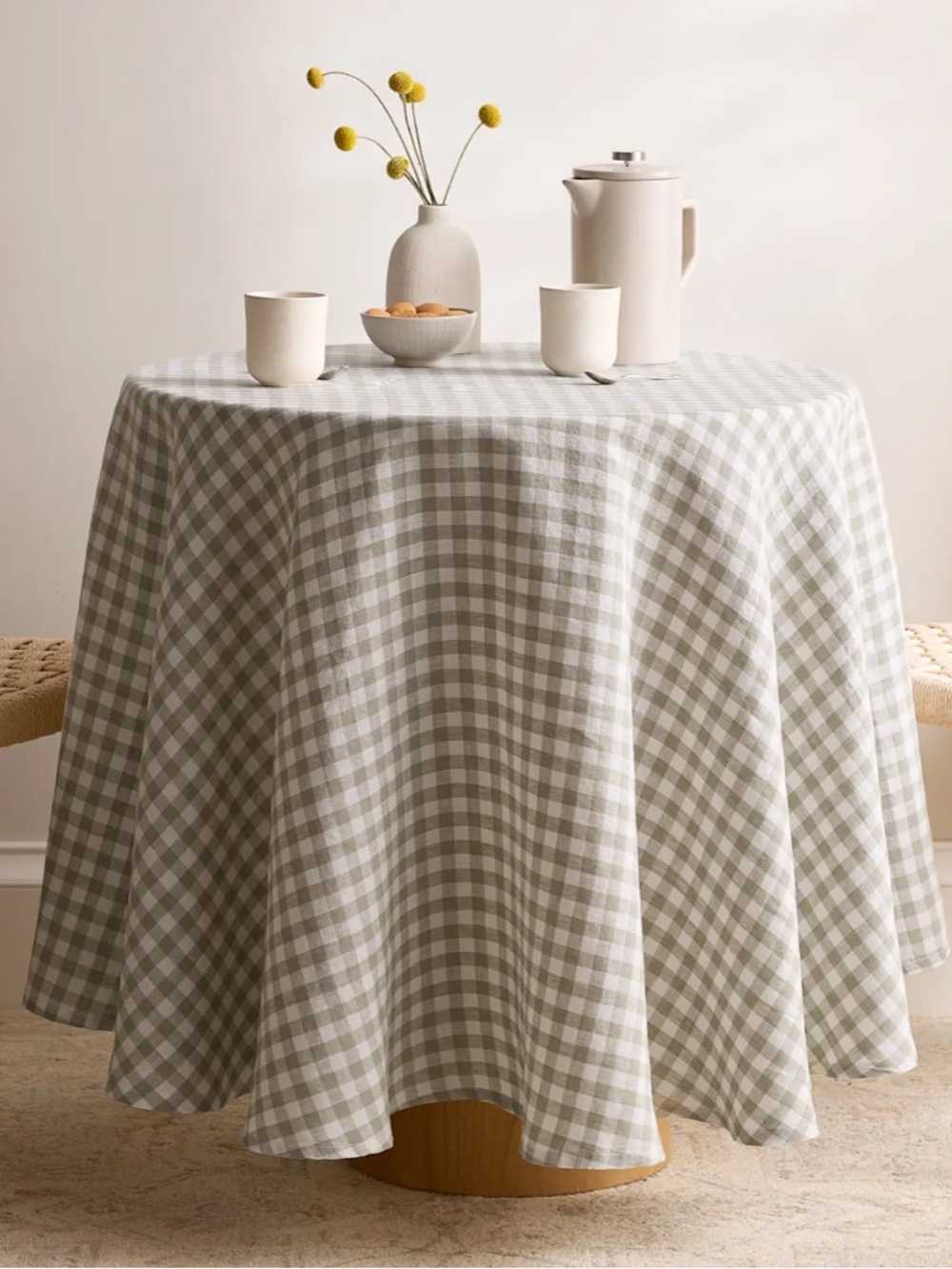 QUINCE European Linen Gingham Tablecloth Olive Green 70’inch 126